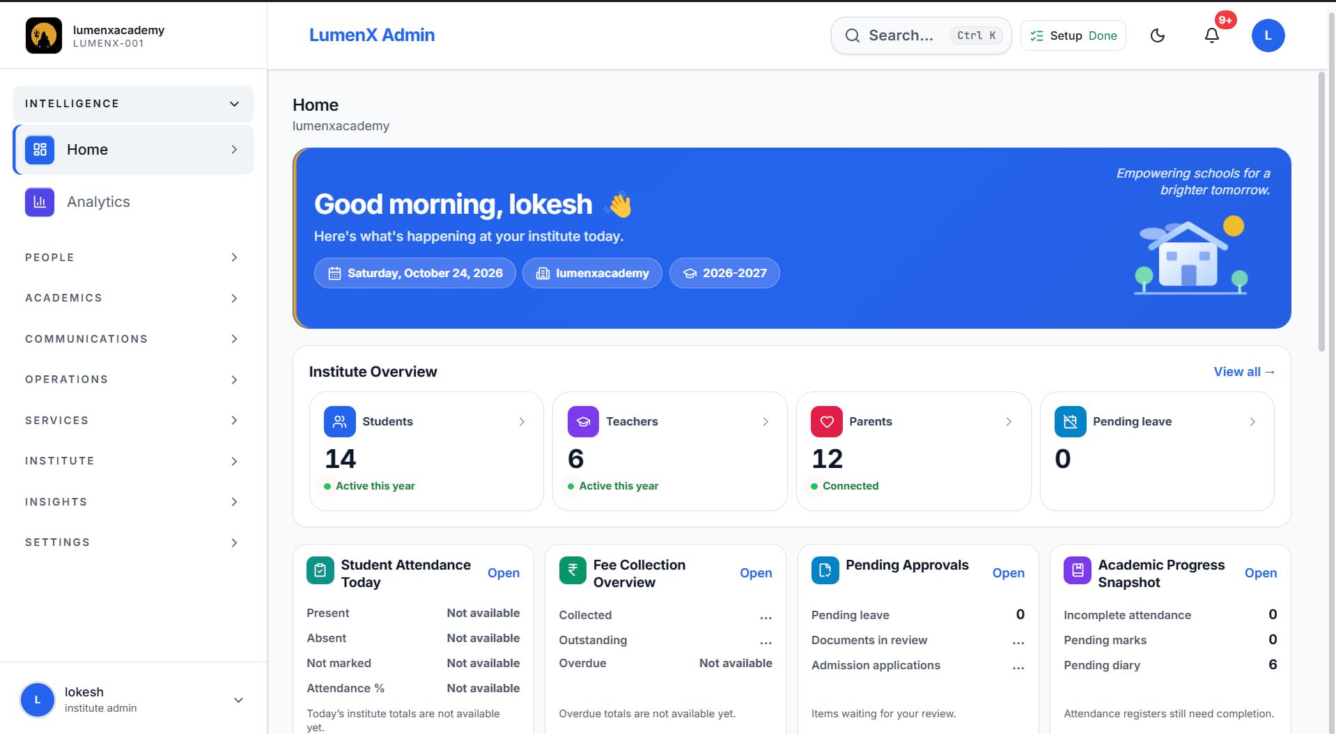 LumenX Admin dashboard — institute overview and operations