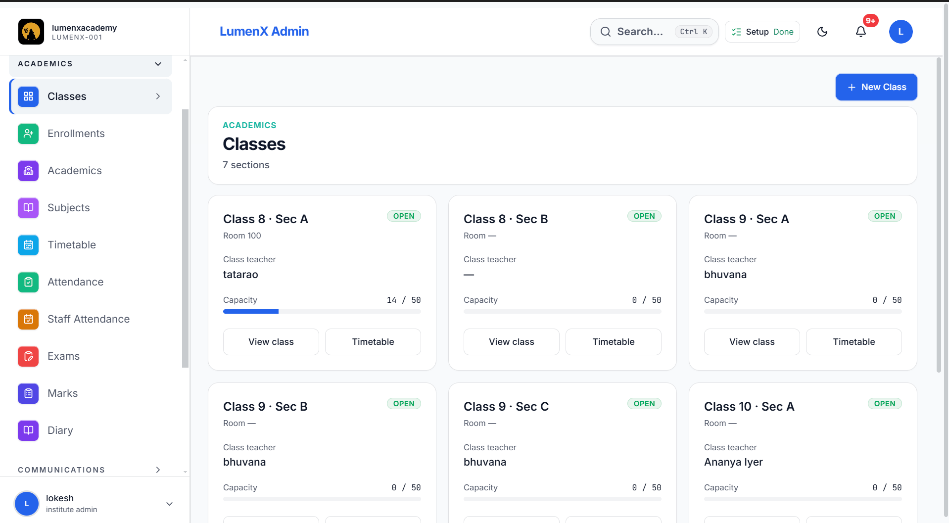Classes & academics — LumenX Admin