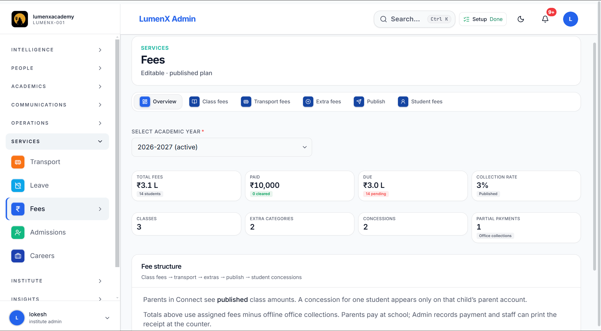 Fees & dues — LumenX Admin