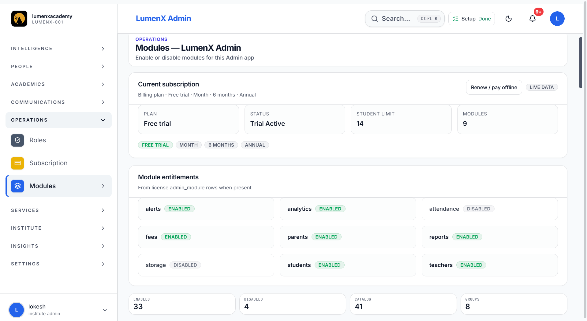 Roles, modules & settings — LumenX Admin