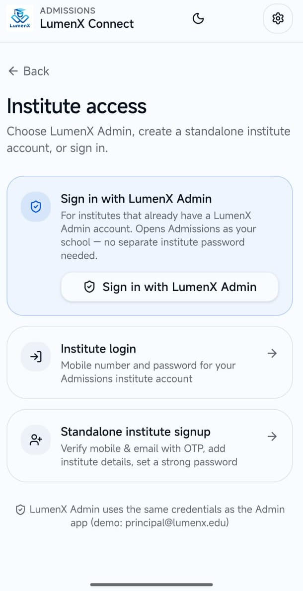 LumenX Admissions institute access screenshot