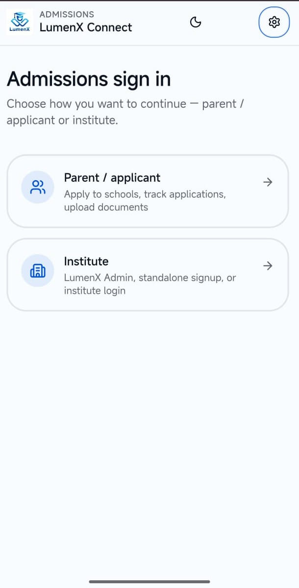 Applicant or institute access to the Admissions portal.