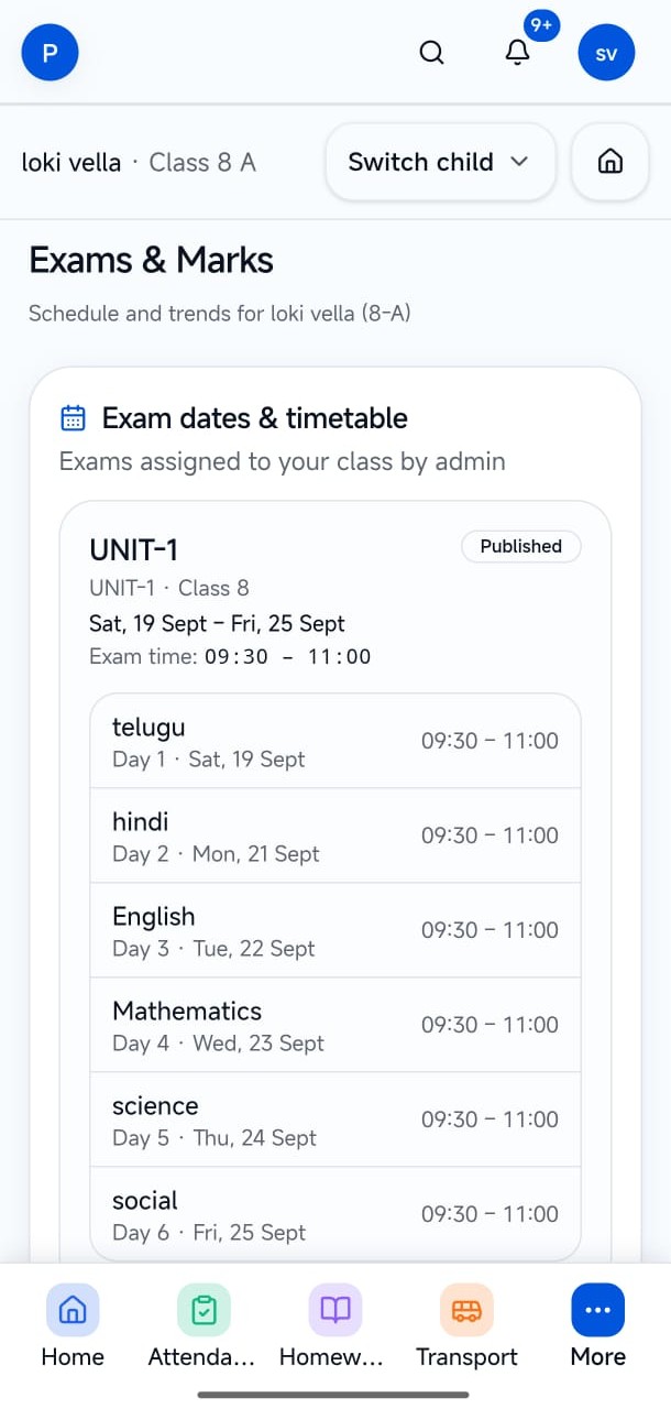 Published exam schedule.